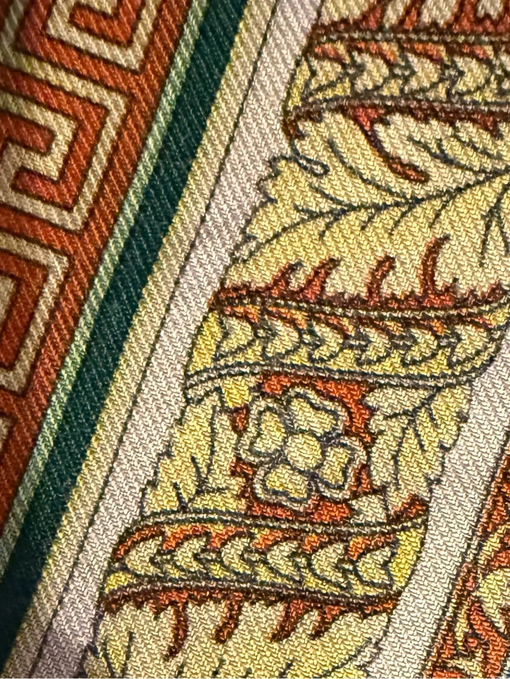 Vintage ETRO Italy Wool Silk Scarf stole Green Gold Baroque Greek Key 54Lx16W